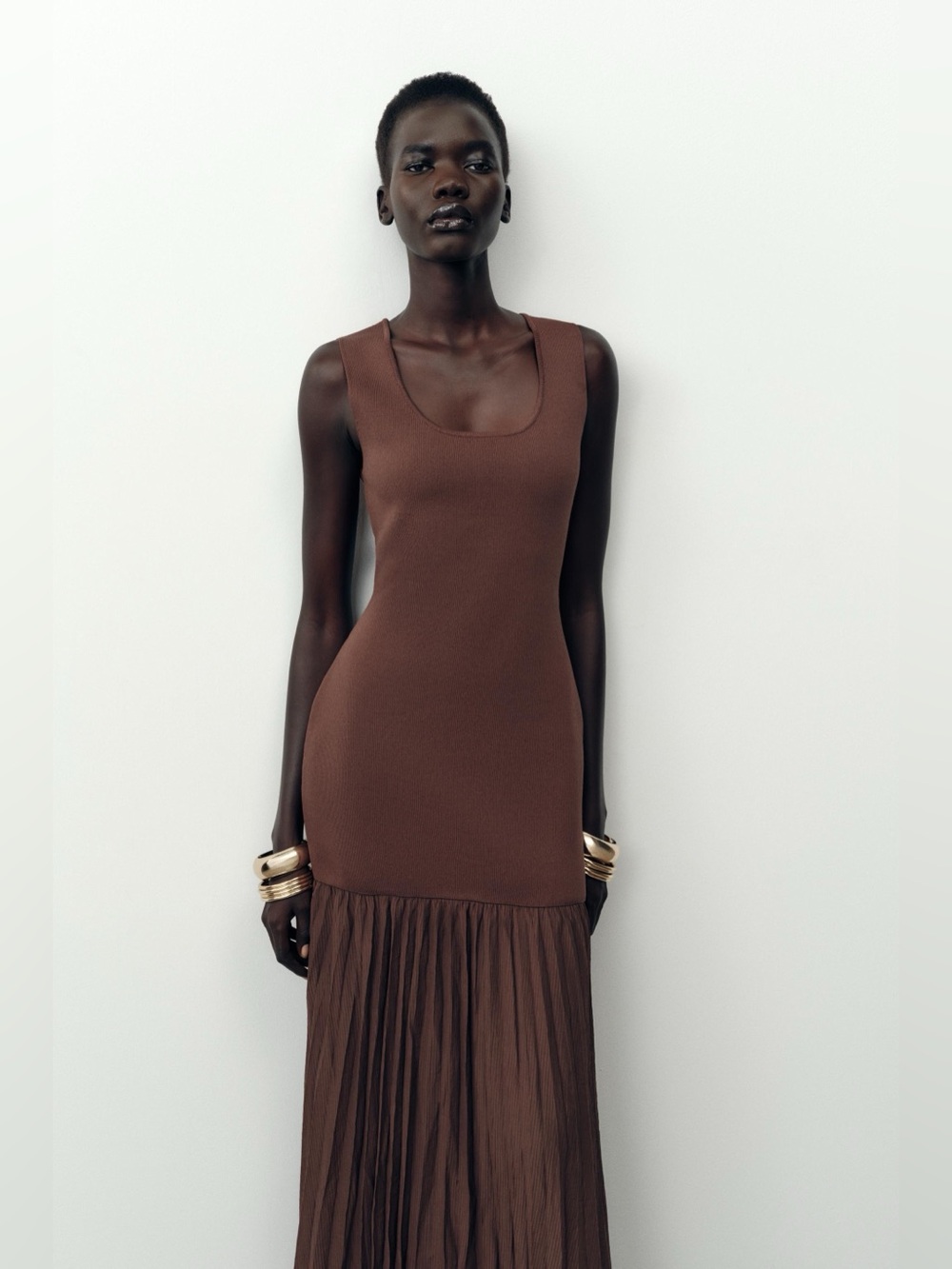 NWOT. Zara Brown Mixed-Fabric Viscose Blend Long Combined Knit Dress. Size S.